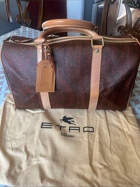Etro Brown Paisley Duffel with Tan Leather Trim